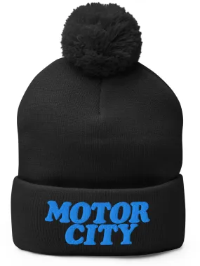 Motor City Embroidered Pom-Pom Beanie - Black / Blue