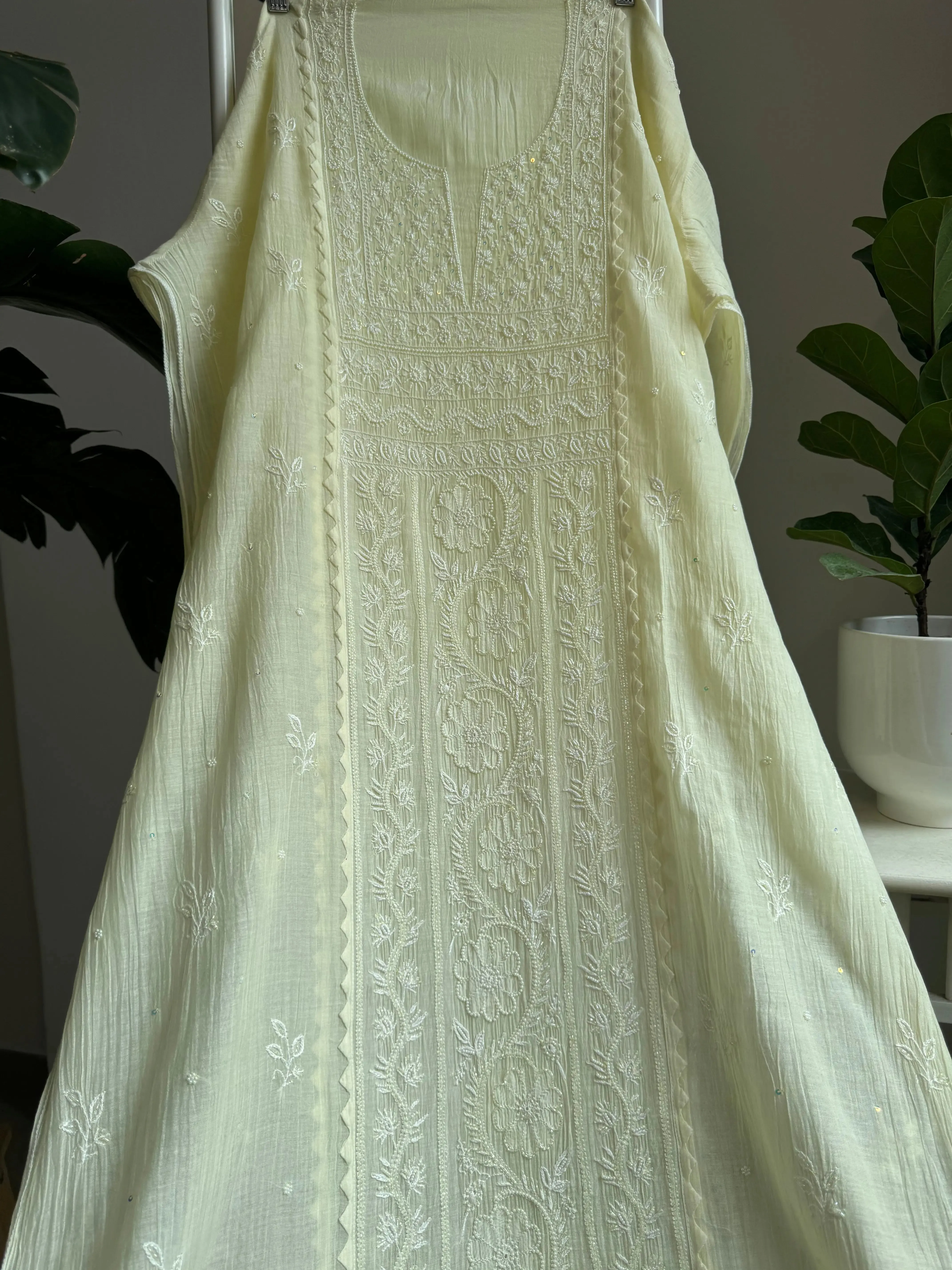 Mul Chanderi Straight Chikankari Tunic - yellow