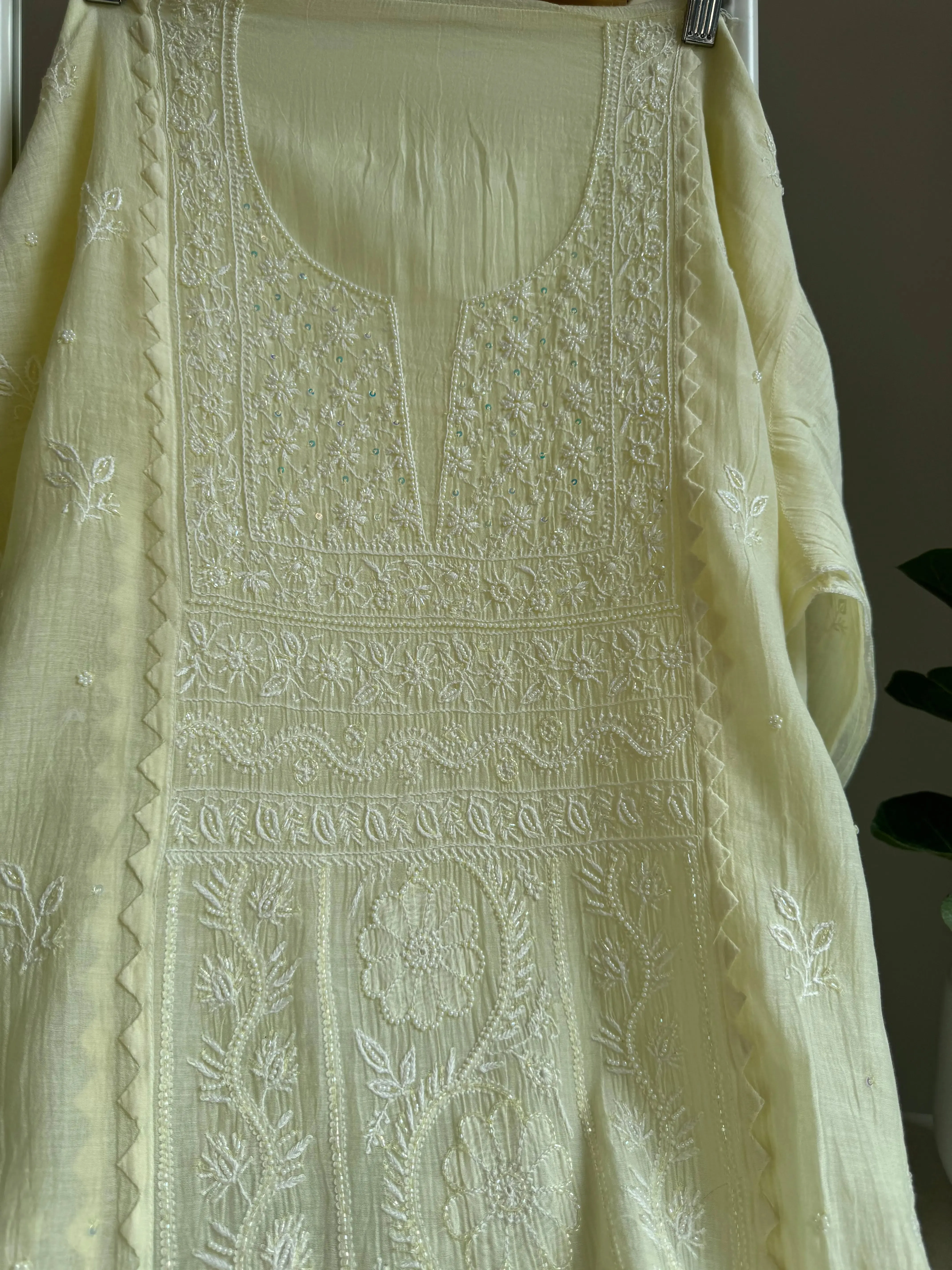 Mul Chanderi Straight Chikankari Tunic - yellow