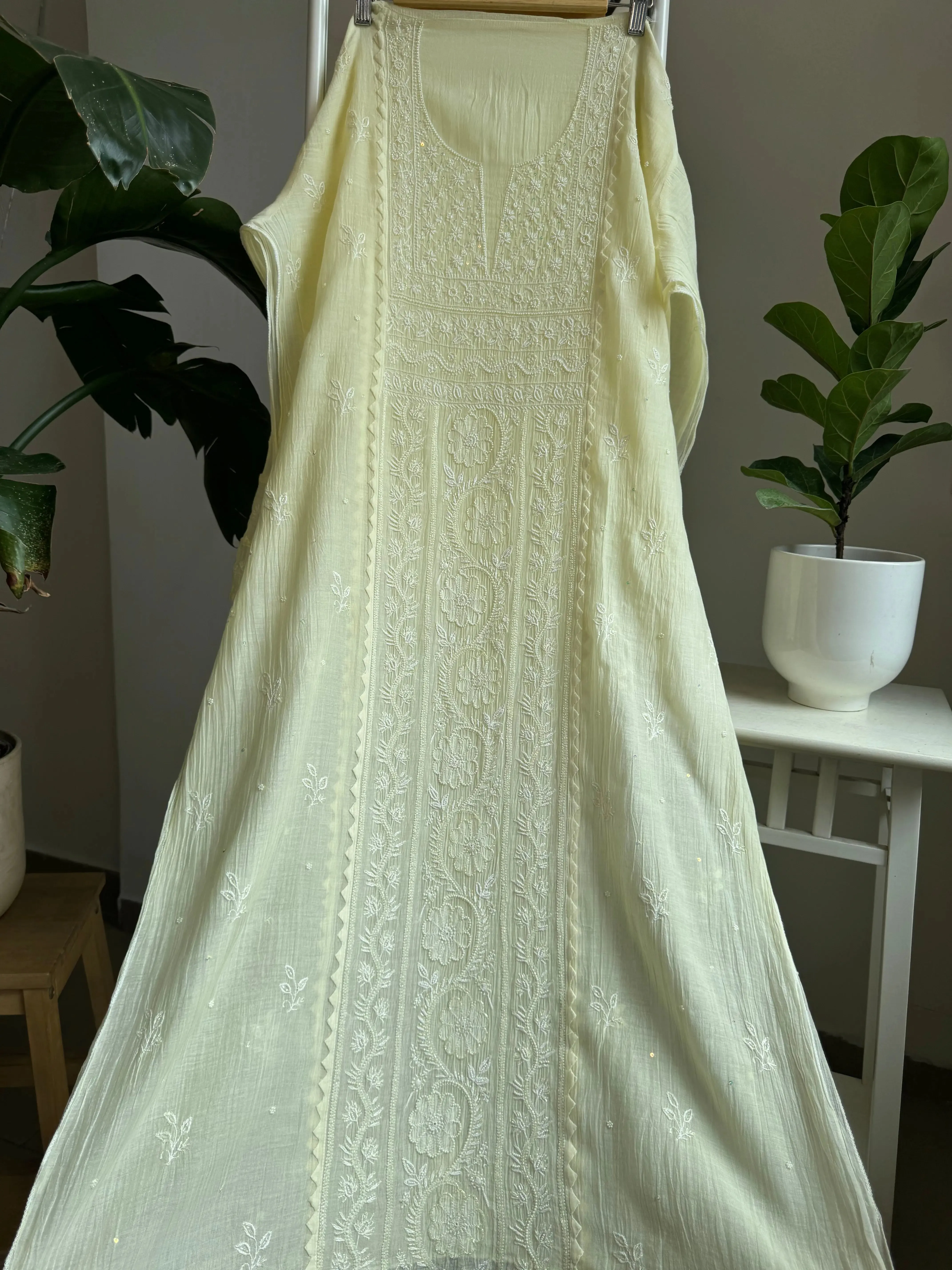 Mul Chanderi Straight Chikankari Tunic - yellow