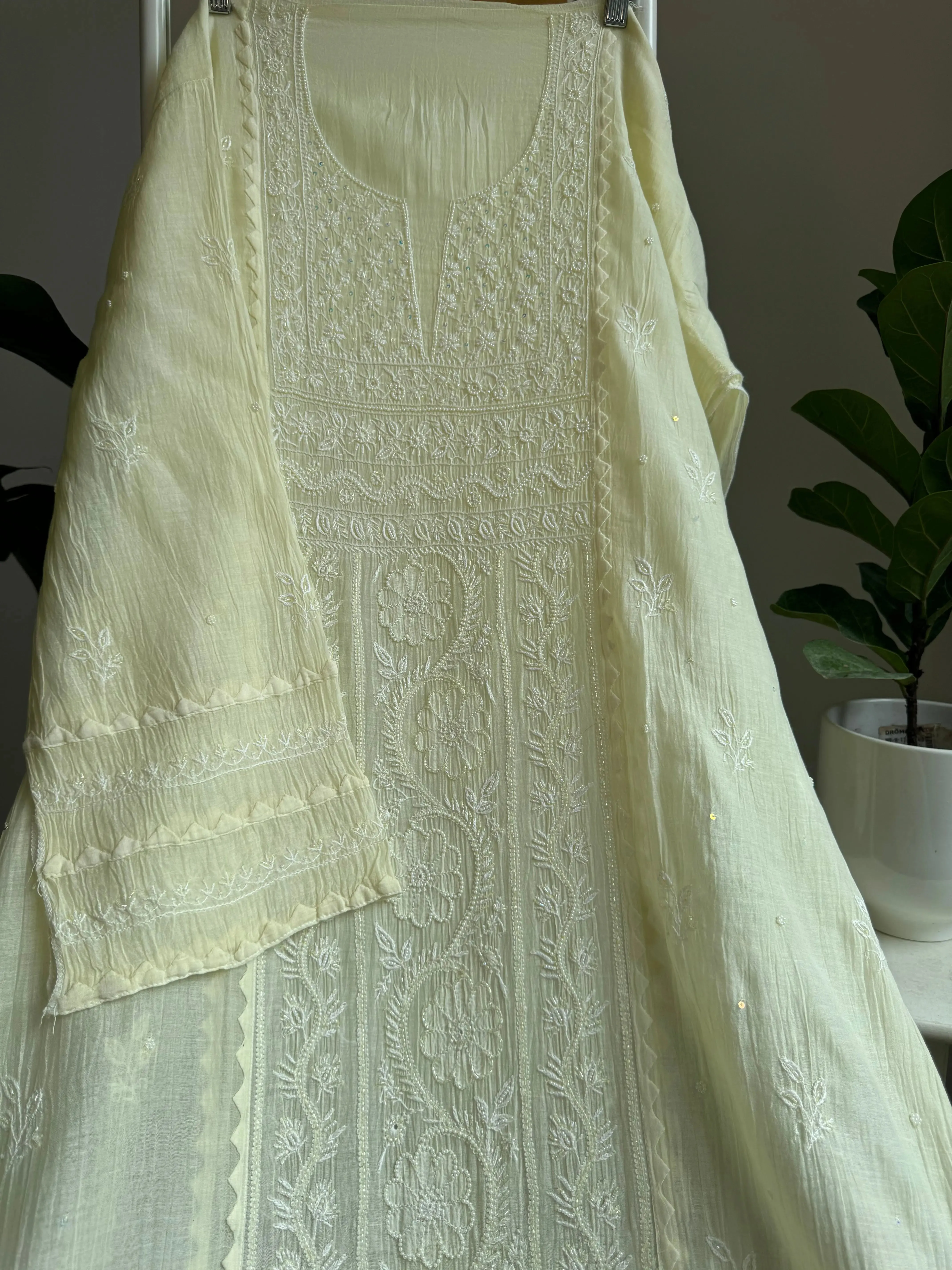 Mul Chanderi Straight Chikankari Tunic - yellow