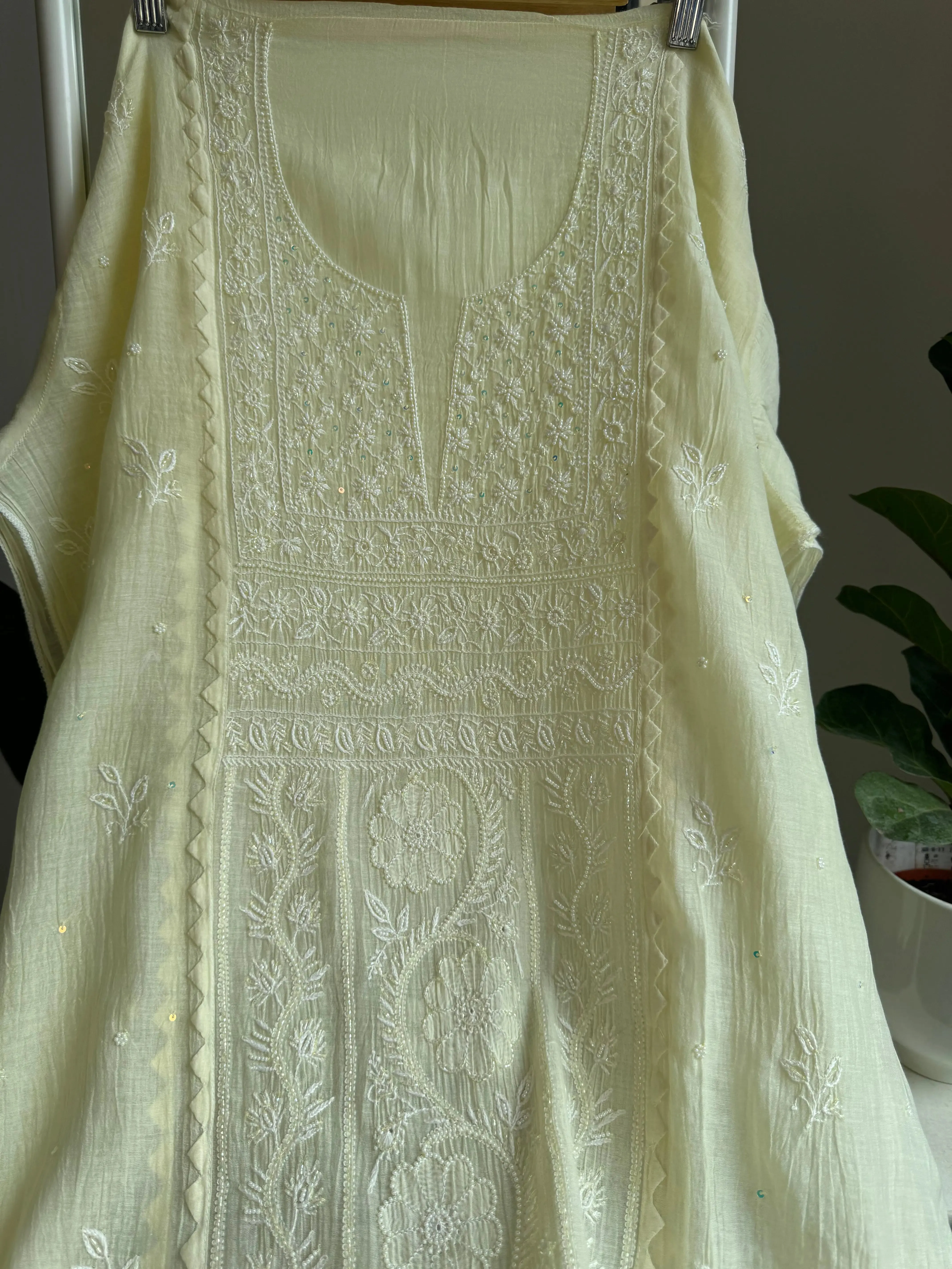 Mul Chanderi Straight Chikankari Tunic - yellow