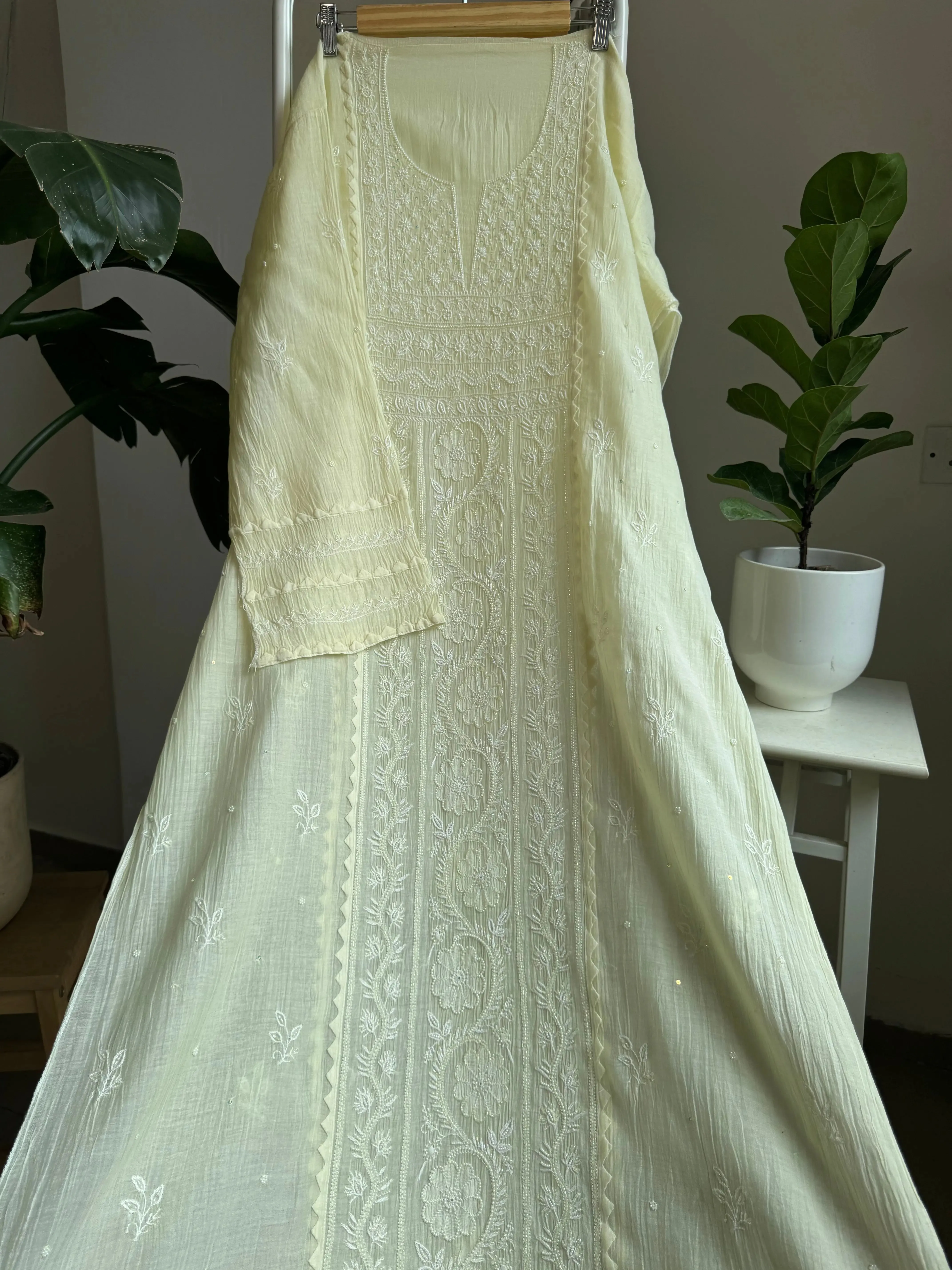 Mul Chanderi Straight Chikankari Tunic - yellow