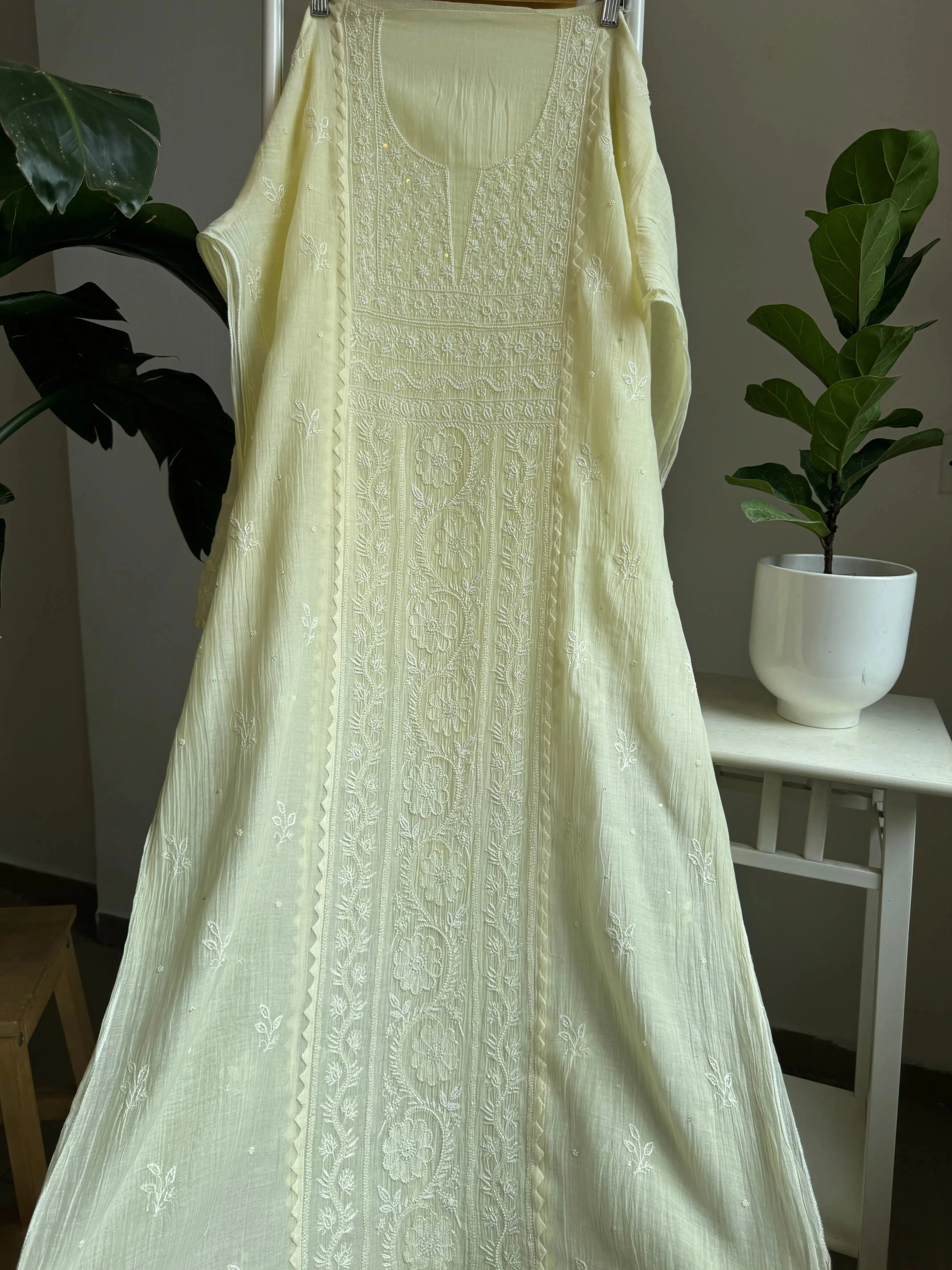 Mul Chanderi Straight Chikankari Tunic - yellow