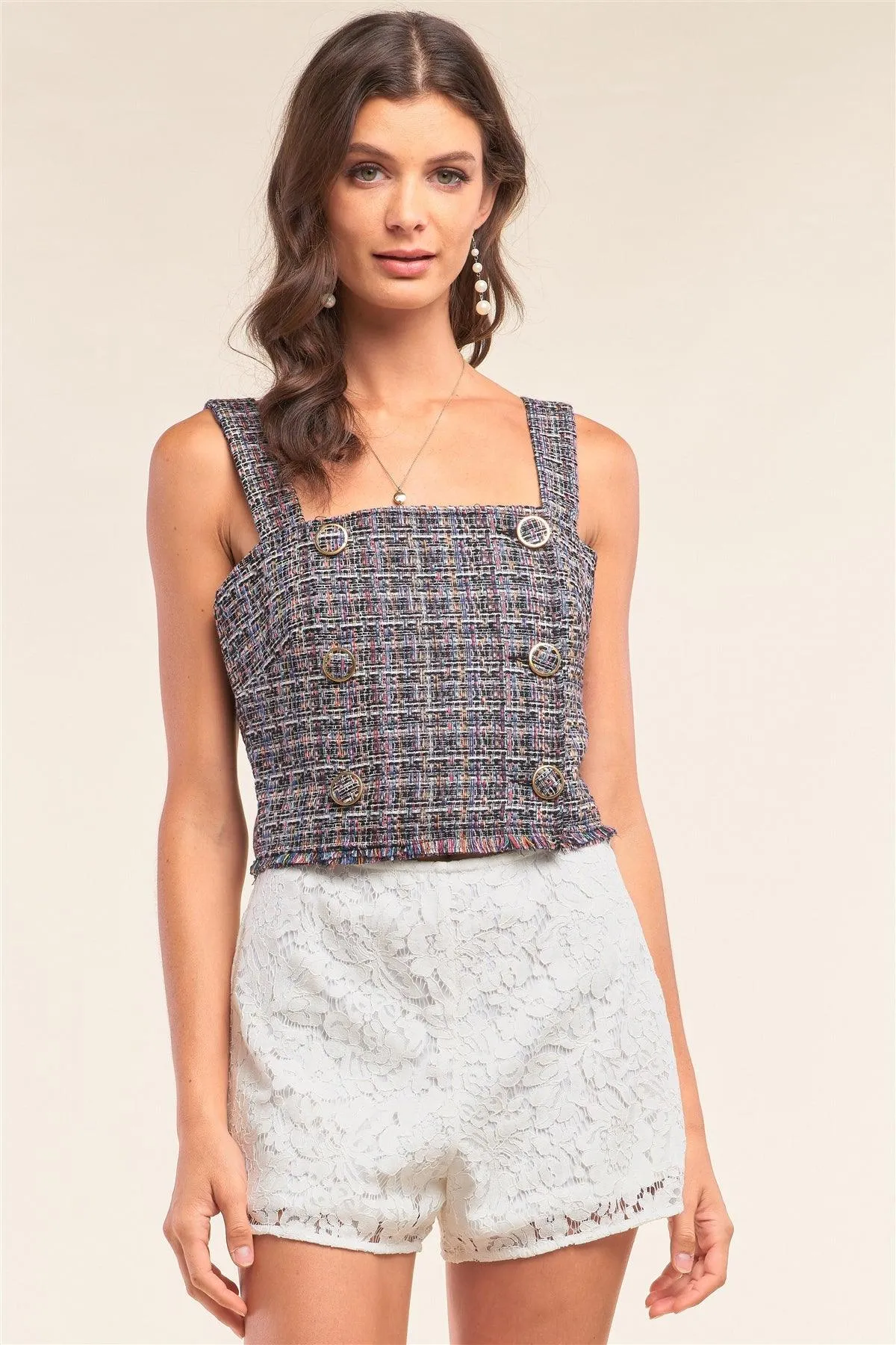 Multicolor Sleeveless Plaid Square Neck Buttoned Trim Cropped Top /1-1-2-1