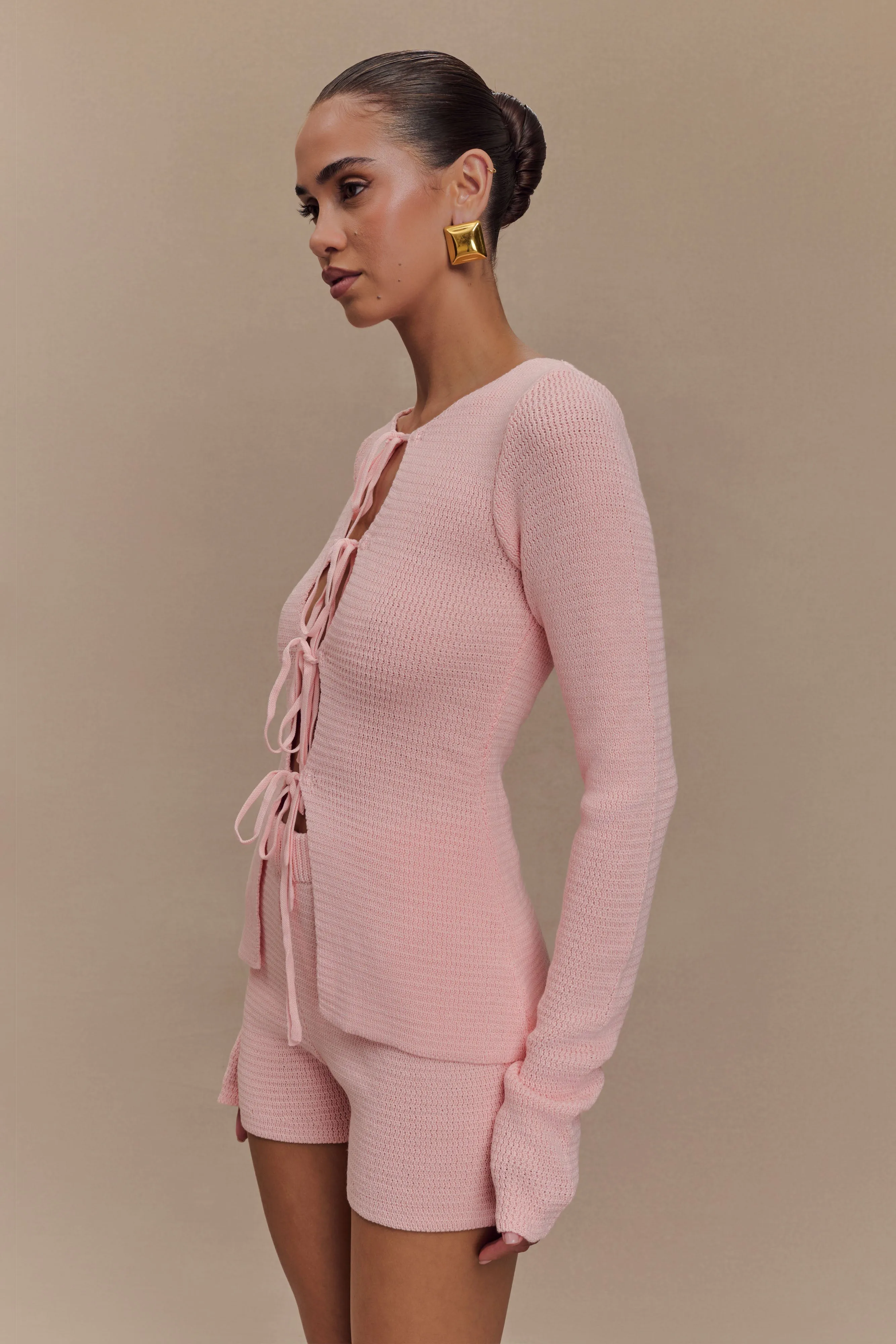 Noah Knit Tie Long Sleeve Top - Baby Pink