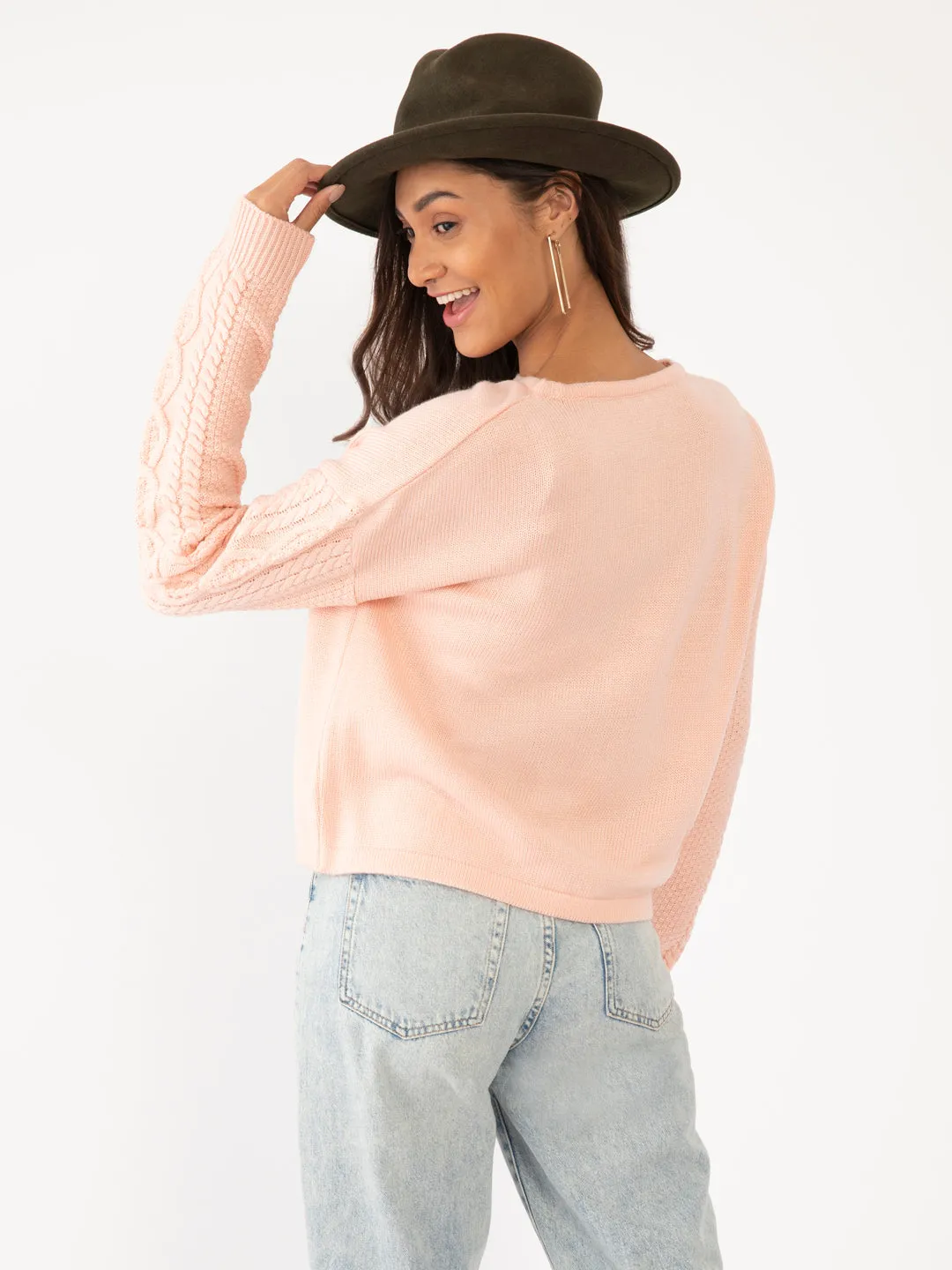 Pink Solid Crop Sweater