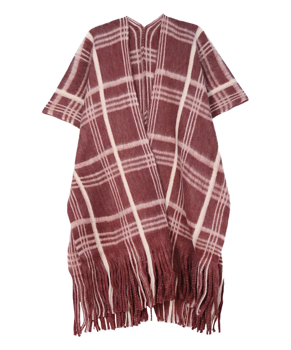 Plaid fringe-hem kimono