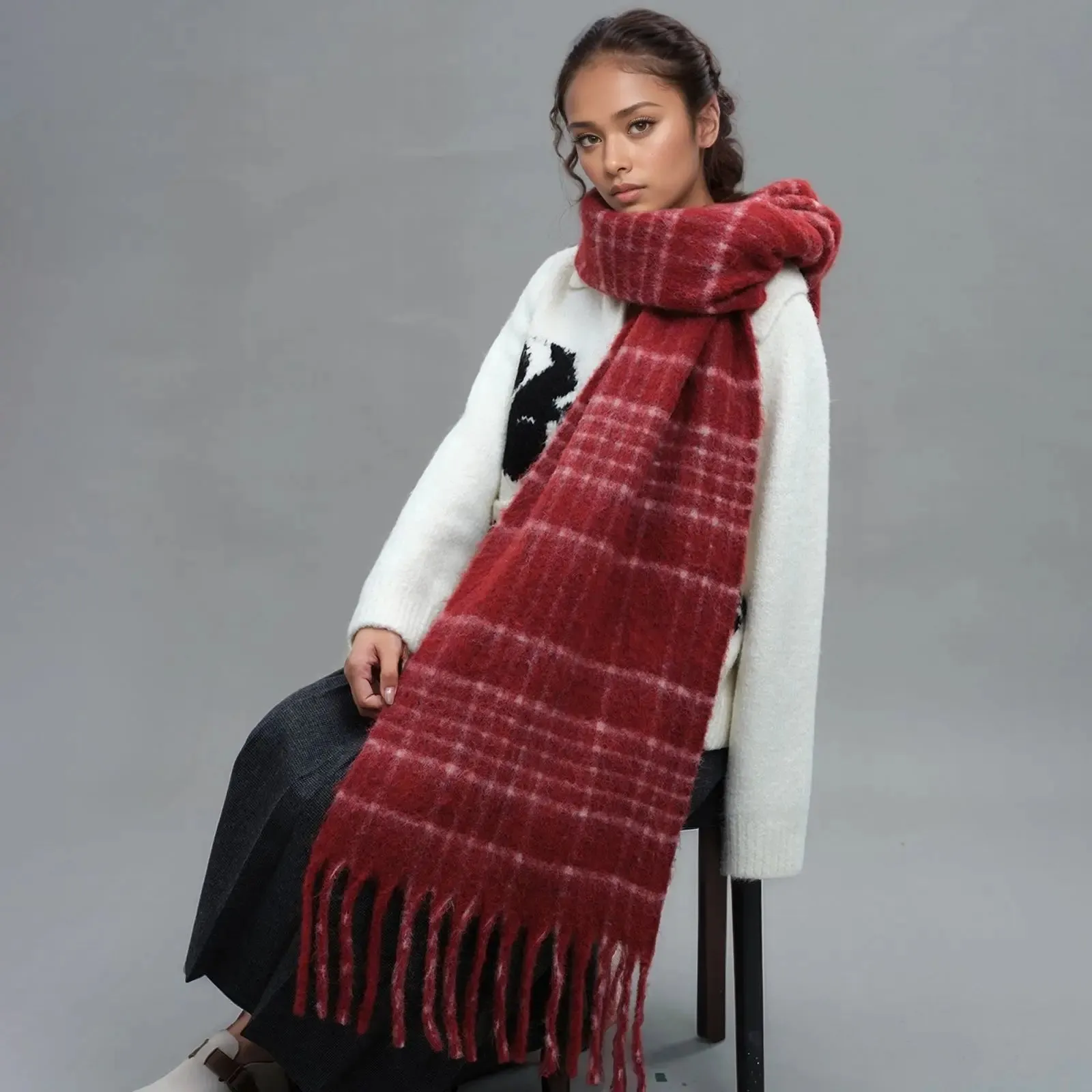 Plaid Wool Tassel Mohair Winter Scarf - Unisex Warmth