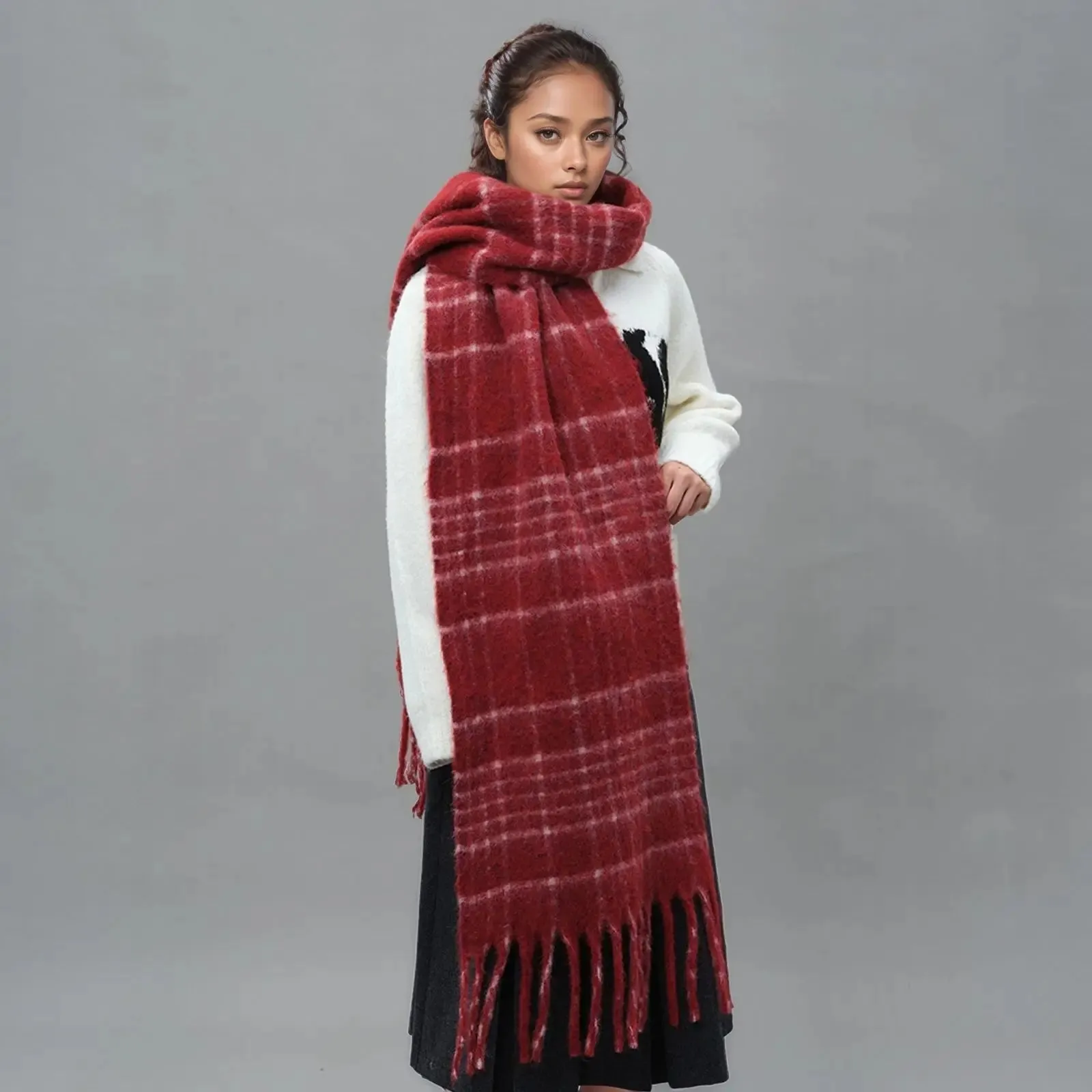 Plaid Wool Tassel Mohair Winter Scarf - Unisex Warmth