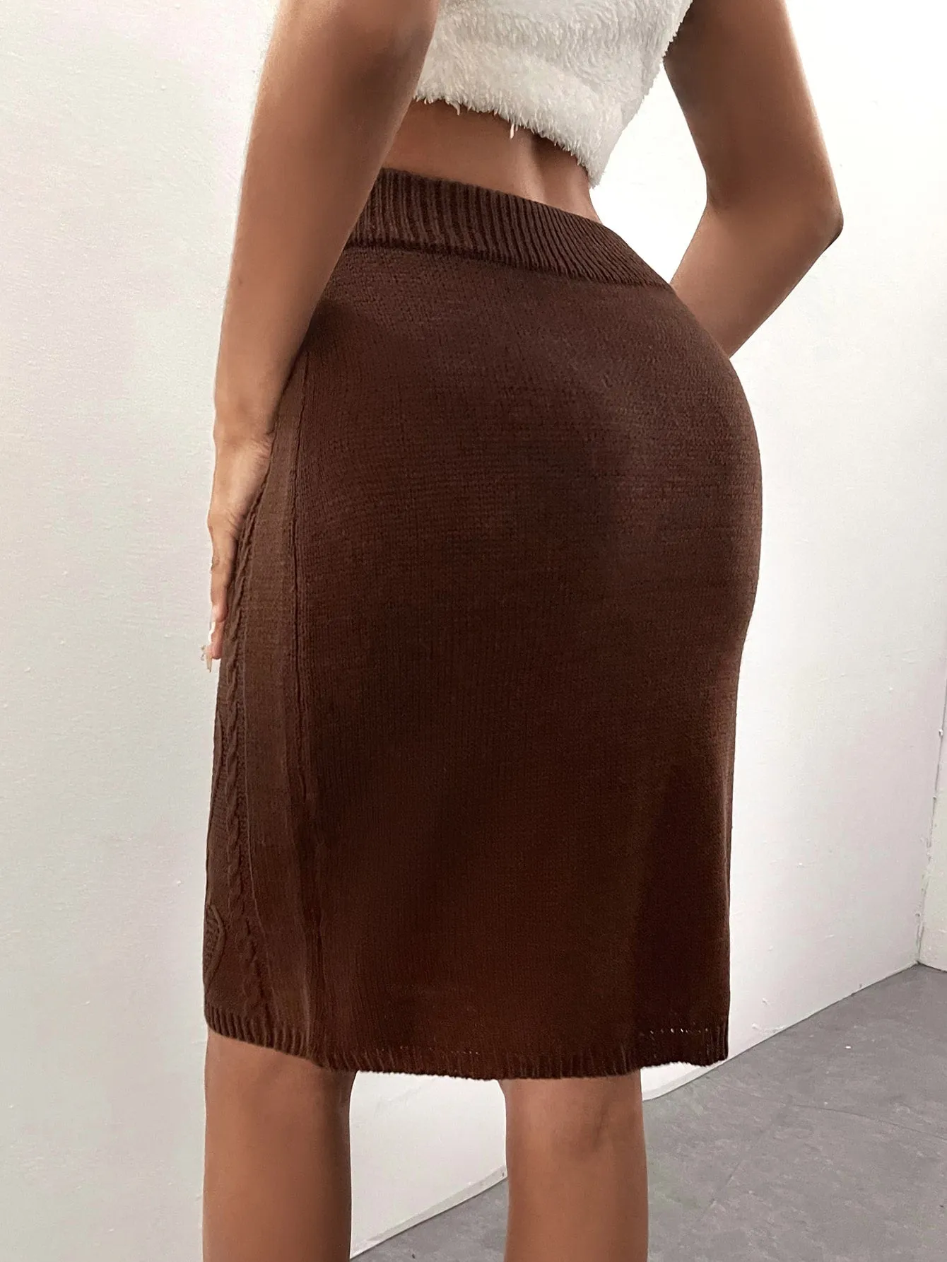 Plain High Waist Knee Length Women Sweater Skirt