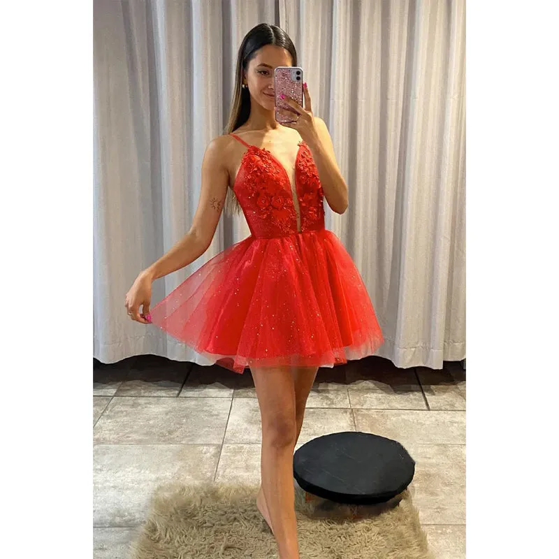 Plunging V-neck Red Tulle Appliques Prom Dress with Detachable Skirt Homecoming Dress