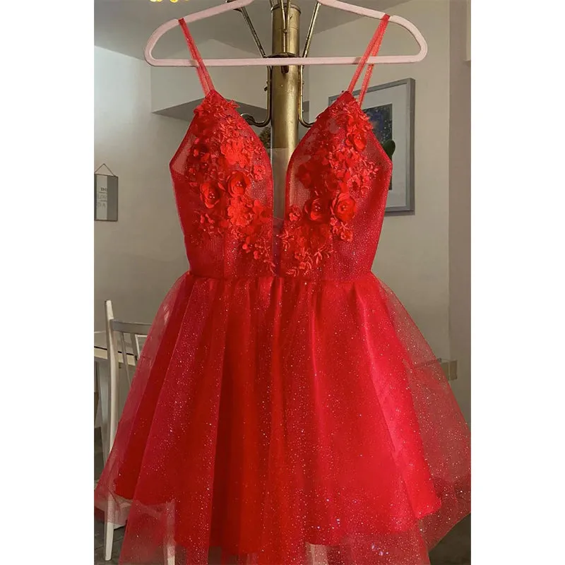 Plunging V-neck Red Tulle Appliques Prom Dress with Detachable Skirt Homecoming Dress