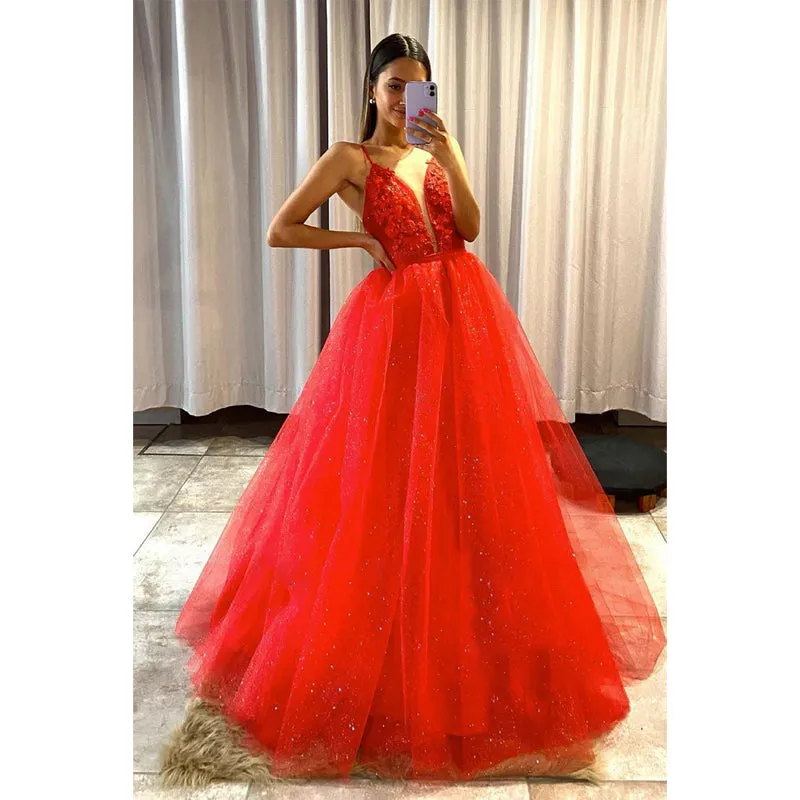 Plunging V-neck Red Tulle Appliques Prom Dress with Detachable Skirt Homecoming Dress