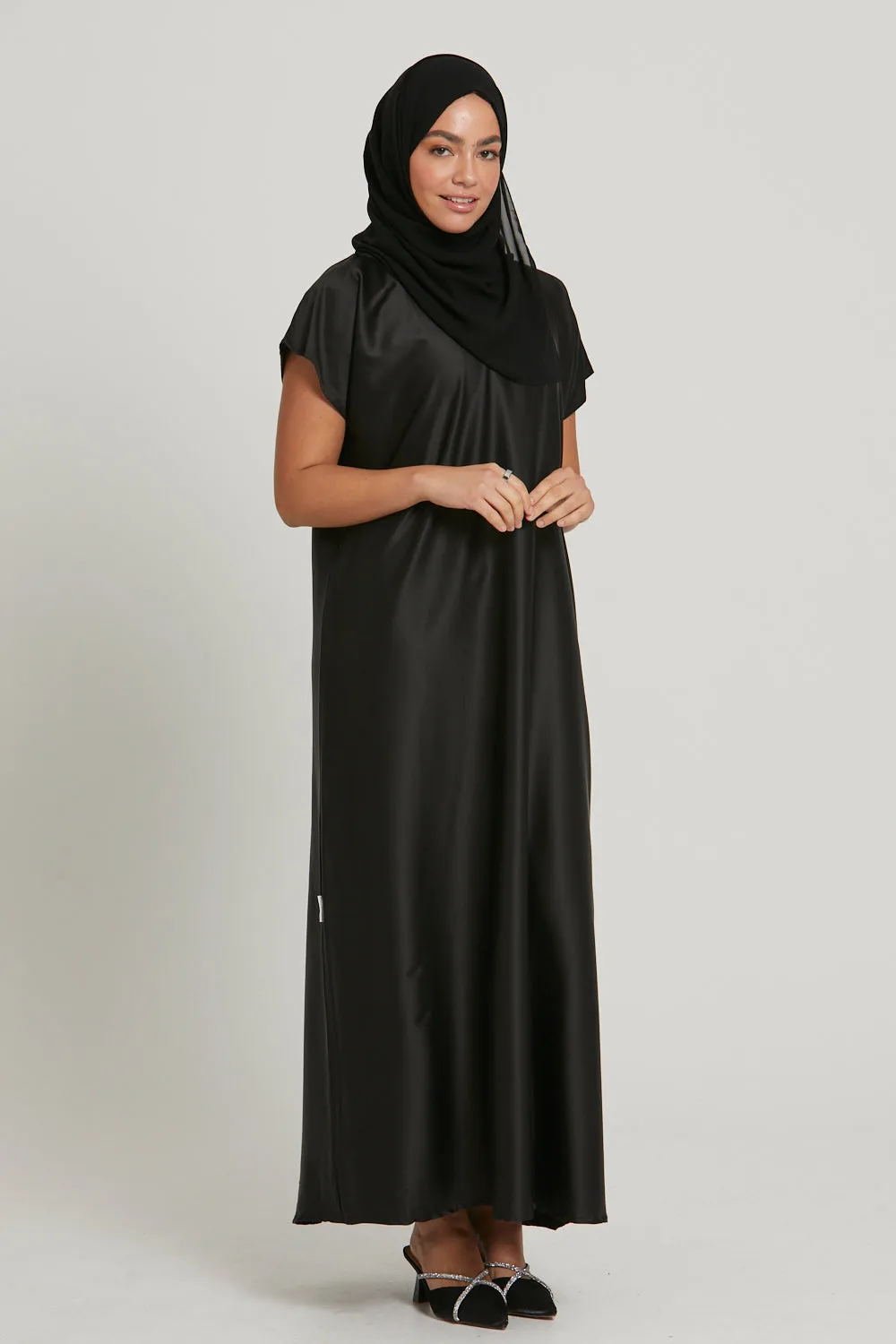 Premium Satin Inner Slip Dress - Black