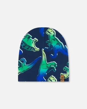 Printed Beanie Hat Blue And Green Dino On Navy