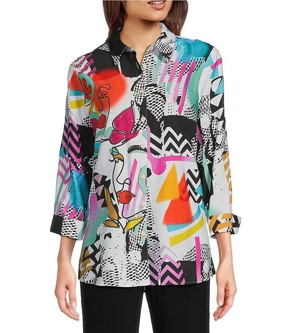 Printed Point Collar 3/4 Sleeve Button-Front Tunic