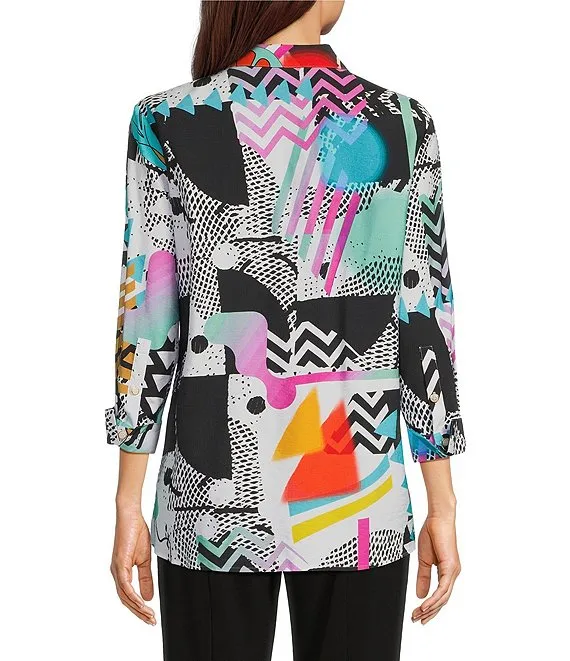 Printed Point Collar 3/4 Sleeve Button-Front Tunic