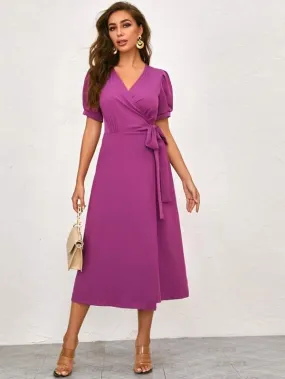 Puff Sleeve Self Tie Solid Wrap Dress