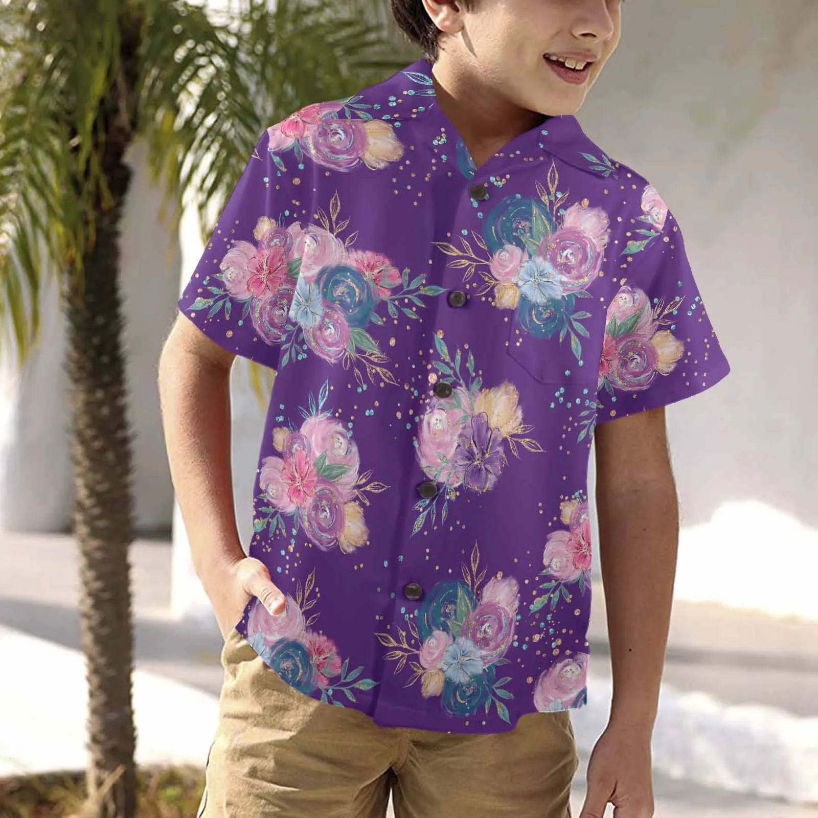 Purple Floral  Little Boys Hawaiian Shirt