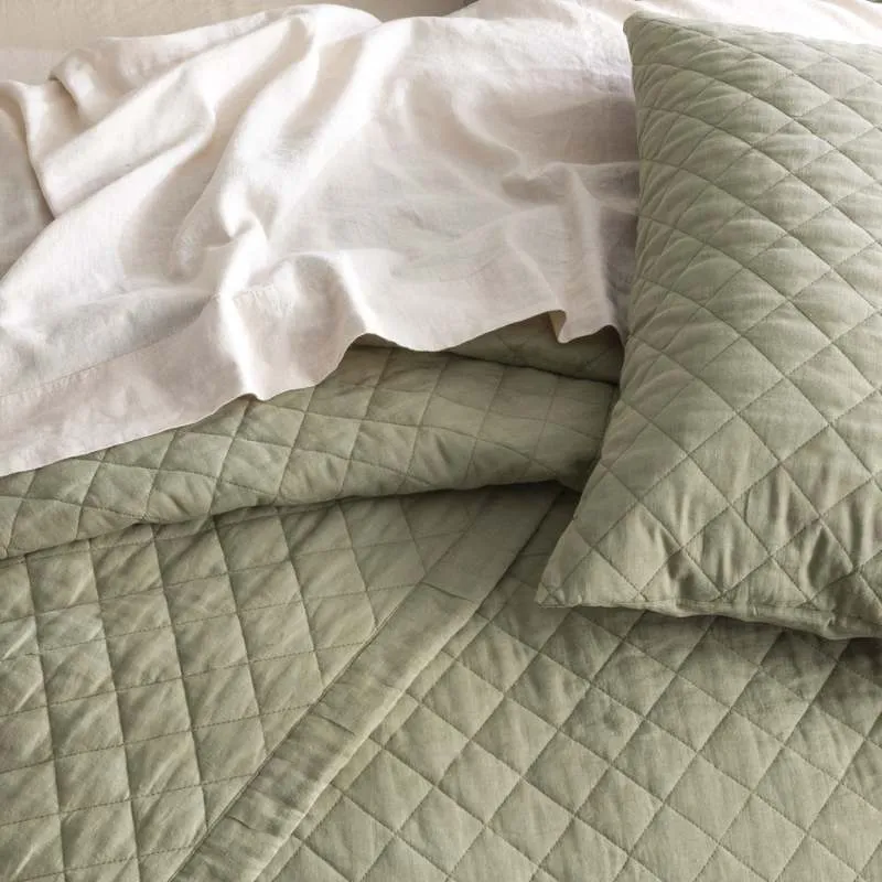 Renee Taylor Cavallo Stone Washed French Linen Quilted Jade Coverlet Set