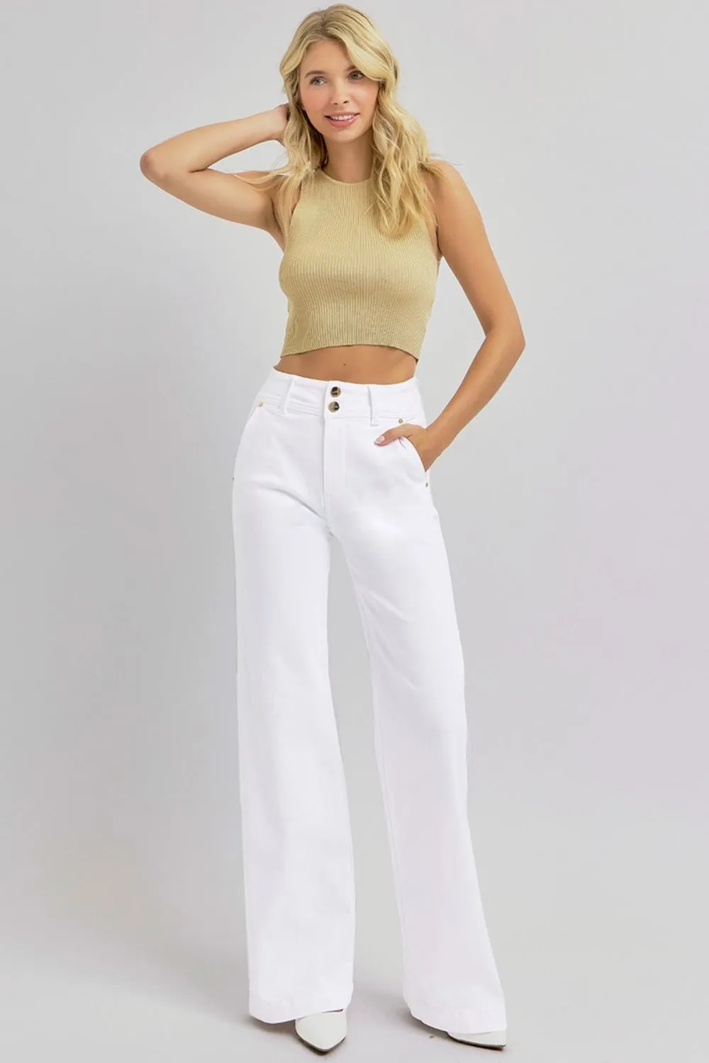 RISEN Full Size Tummy Control Double Button Wide Leg Jeans