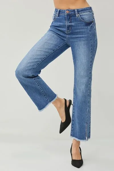 RISEN High Waist Raw Hem Slit Straight Jeans