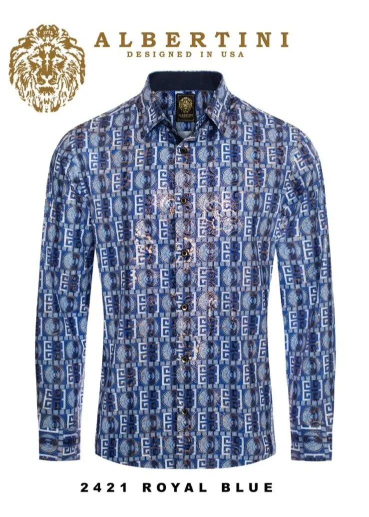 Royal Blue Paisley Luxury Design Men's Long Sleeve Vintage Shirt Regular-Fit Style No: 2421