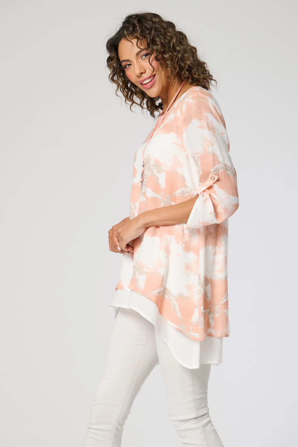 Saloos Ruched Sleeves Double Layer Top with Necklace