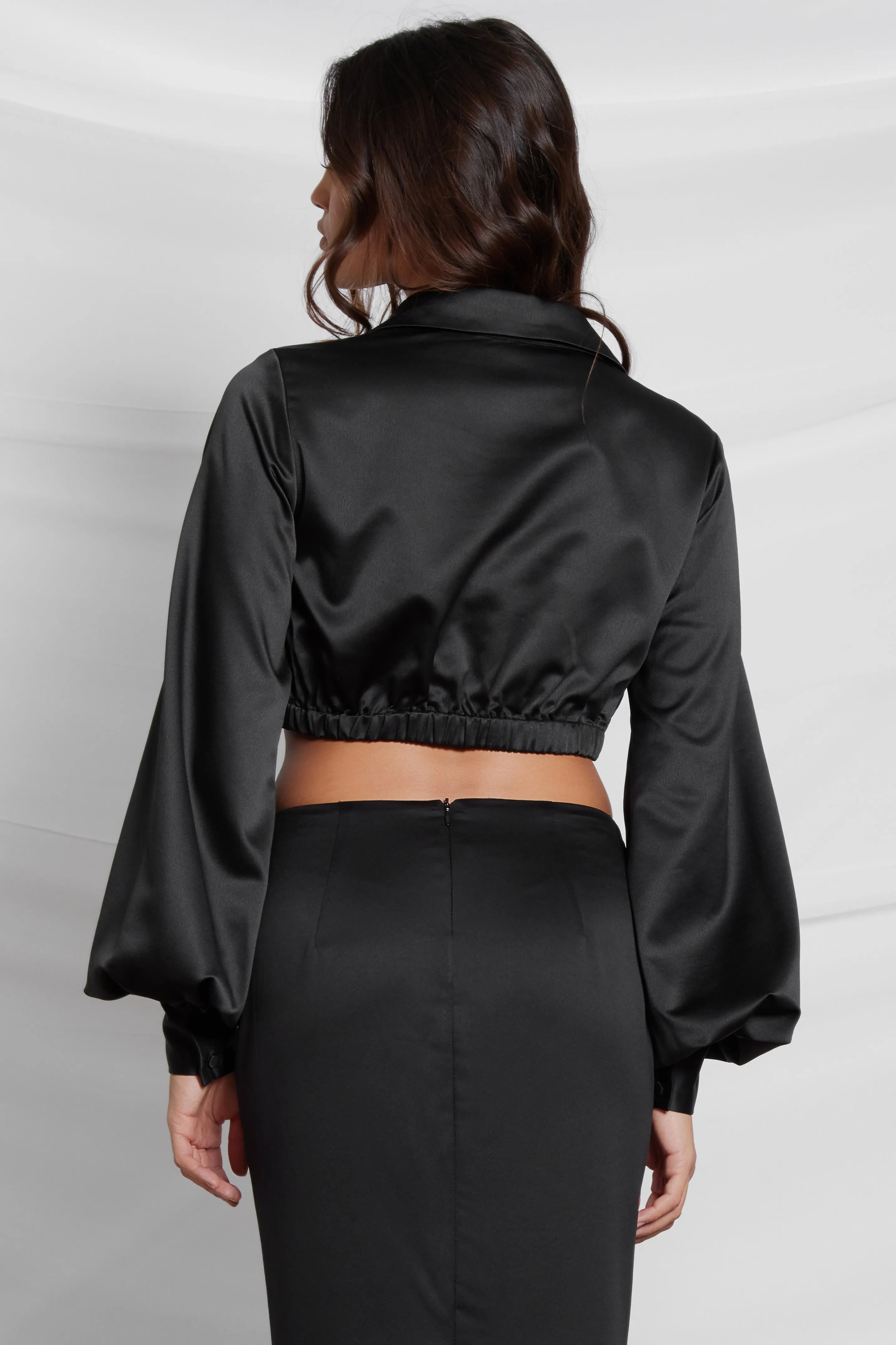 Seraphina Satin Plunge Trendy Crop Top - Black