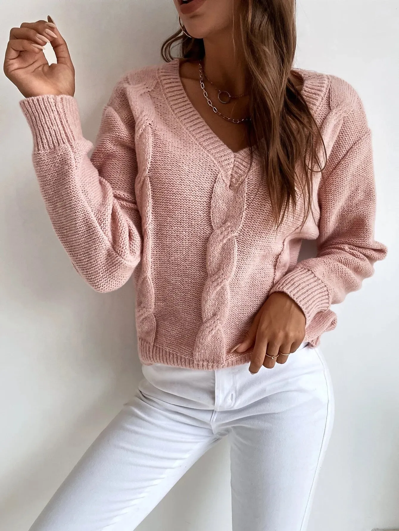 SHEIN LUNE Solid Cable Knit Sweater