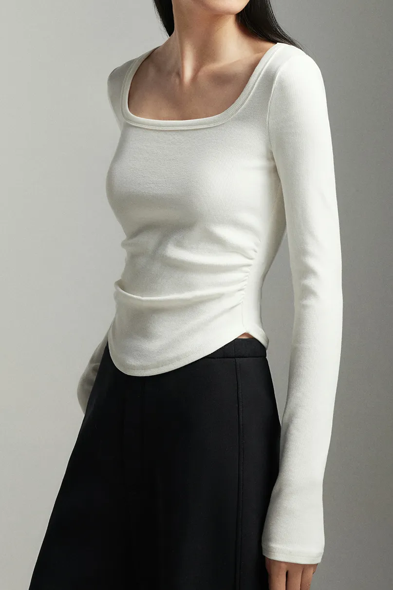 Slim Fit Square Neck Long Sleeve Shirt with Dolphin Hem