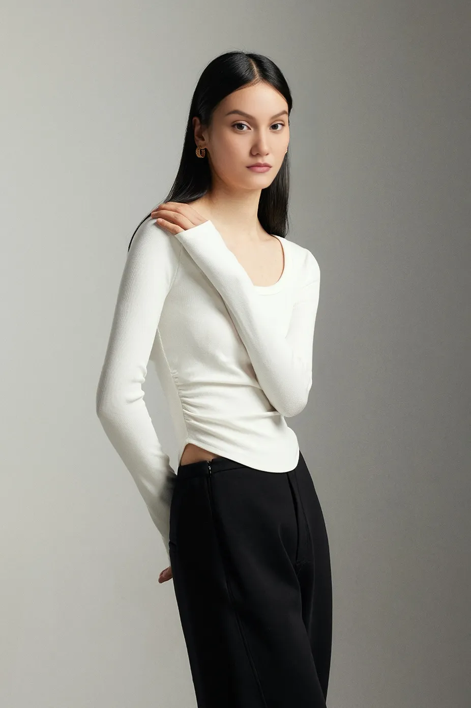 Slim Fit Square Neck Long Sleeve Shirt with Dolphin Hem