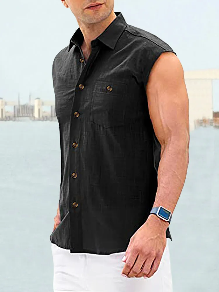 Solid Button Sleeveless Shirt