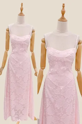 Spaghetti Straps Pink Embroidery Long Dress