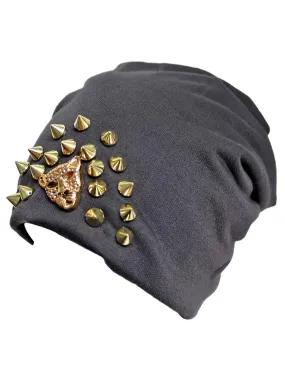 Spike Studded Slouchy Hat With Tiger Face