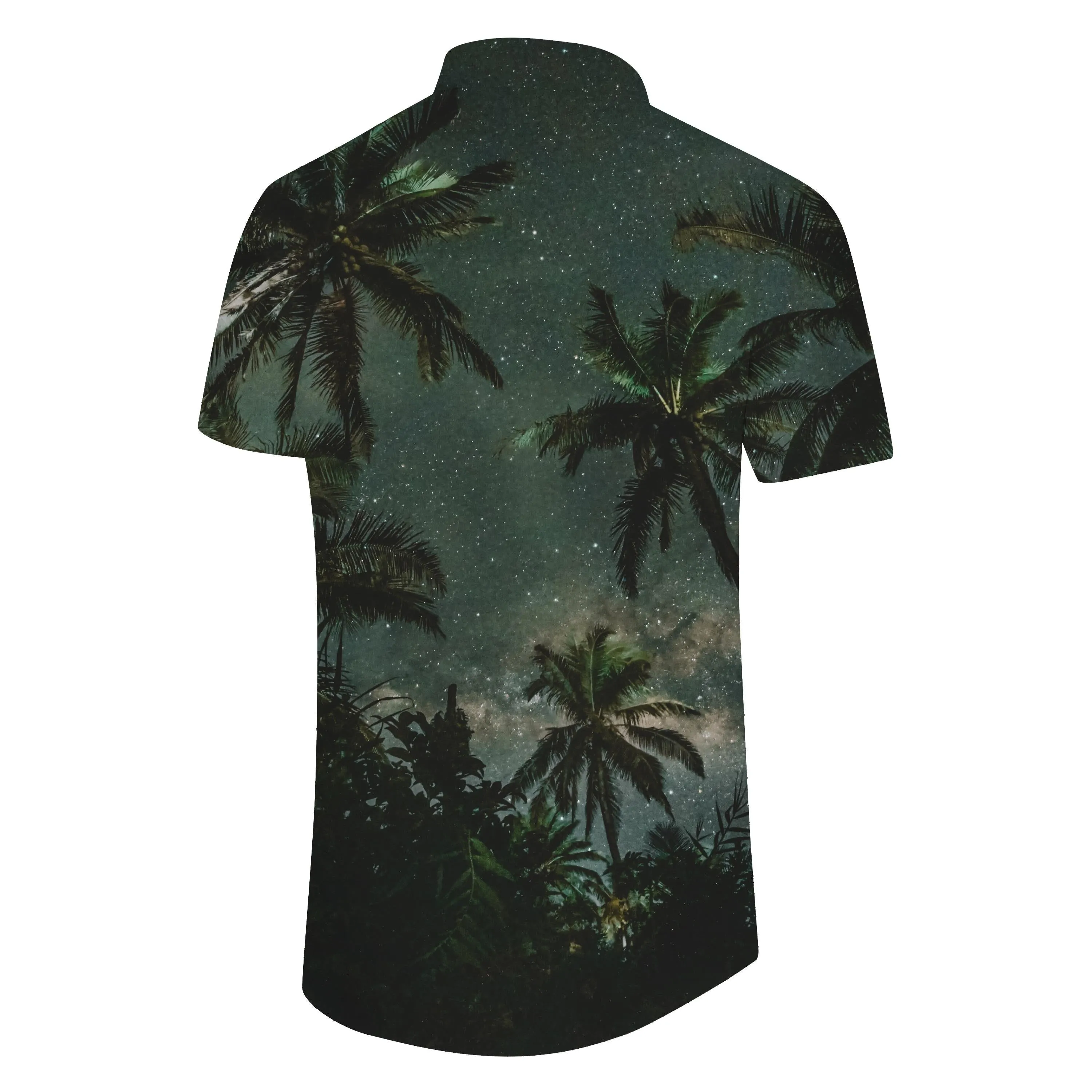 Starry sky coconut tree print landscape pattern men's shirt short sleeve casual Hawaiian tropical button lapel men's short sleeve shirt holiday beach shirt