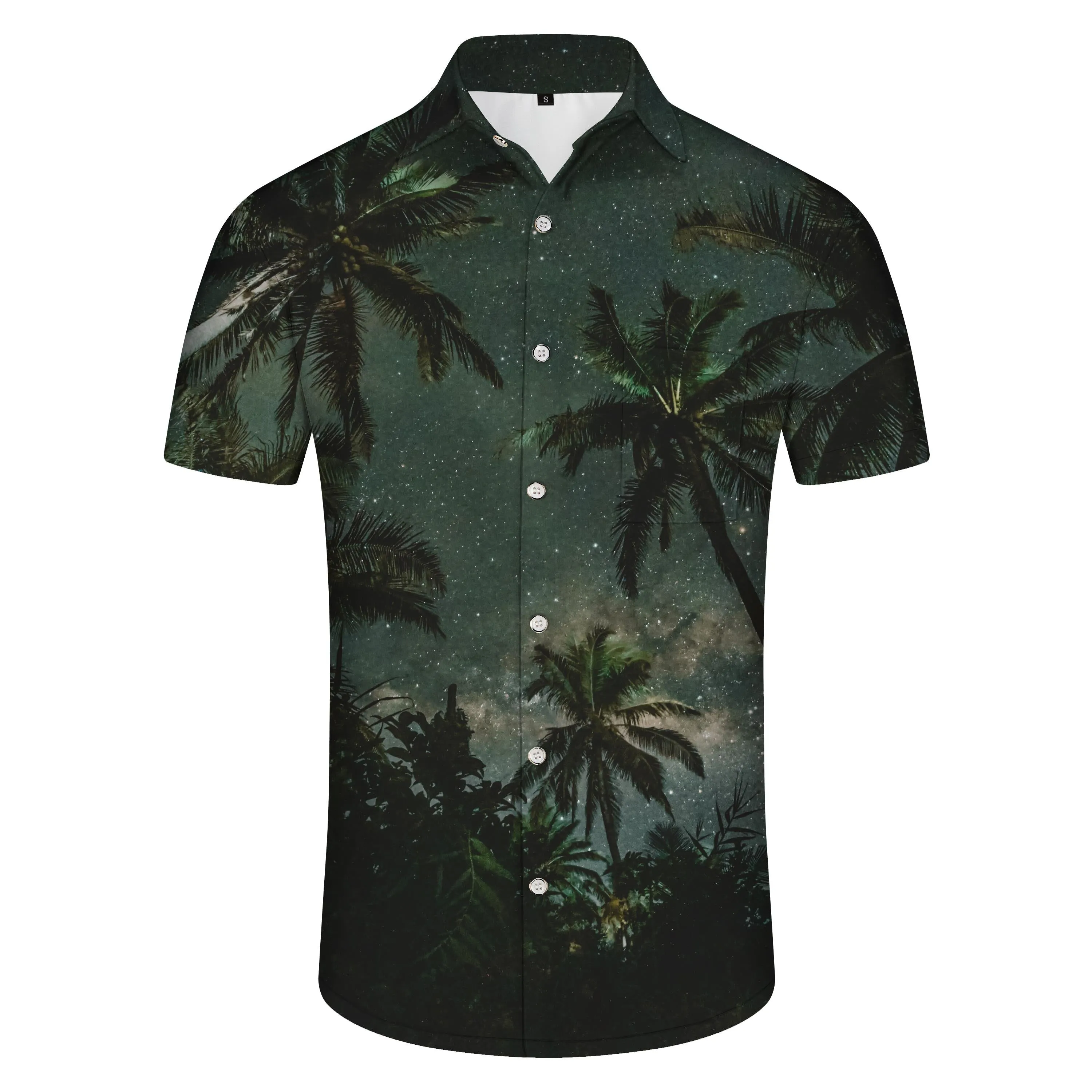 Starry sky coconut tree print landscape pattern men's shirt short sleeve casual Hawaiian tropical button lapel men's short sleeve shirt holiday beach shirt