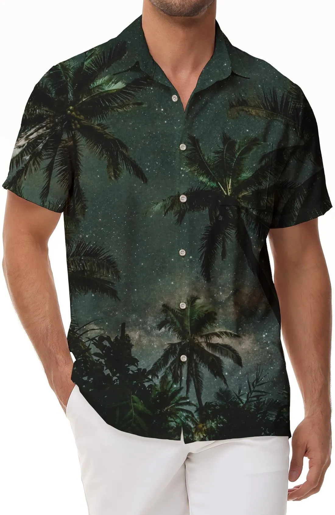 Starry sky coconut tree print landscape pattern men's shirt short sleeve casual Hawaiian tropical button lapel men's short sleeve shirt holiday beach shirt