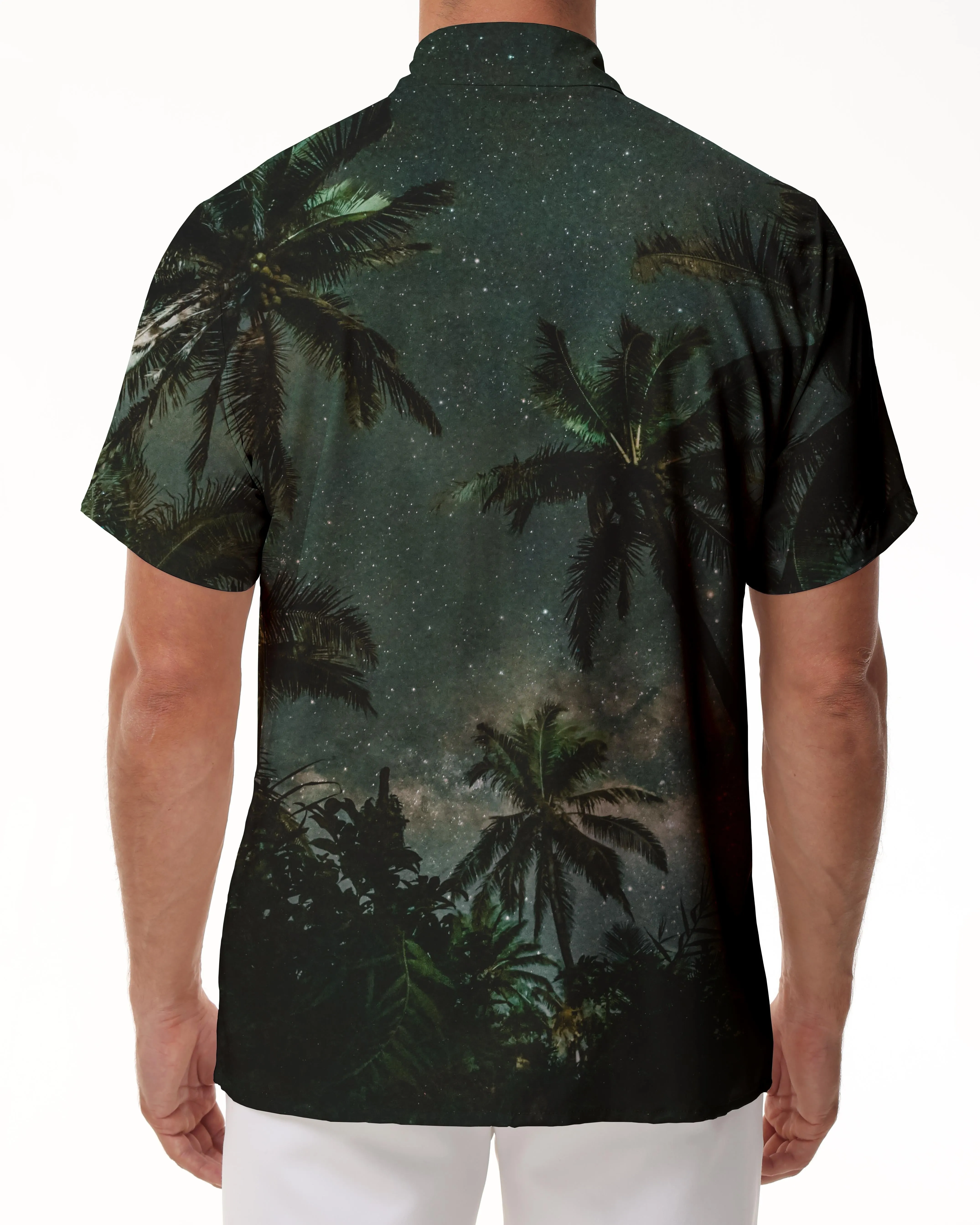 Starry sky coconut tree print landscape pattern men's shirt short sleeve casual Hawaiian tropical button lapel men's short sleeve shirt holiday beach shirt