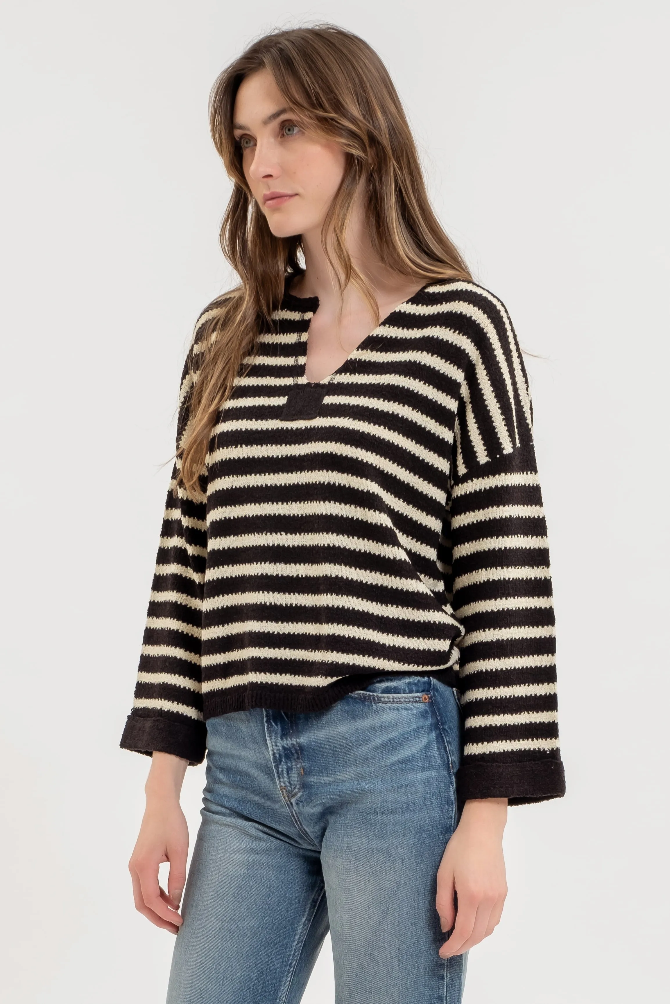 STRIPE SPLIT NECK LONG SLEEVE KNIT SWEATER