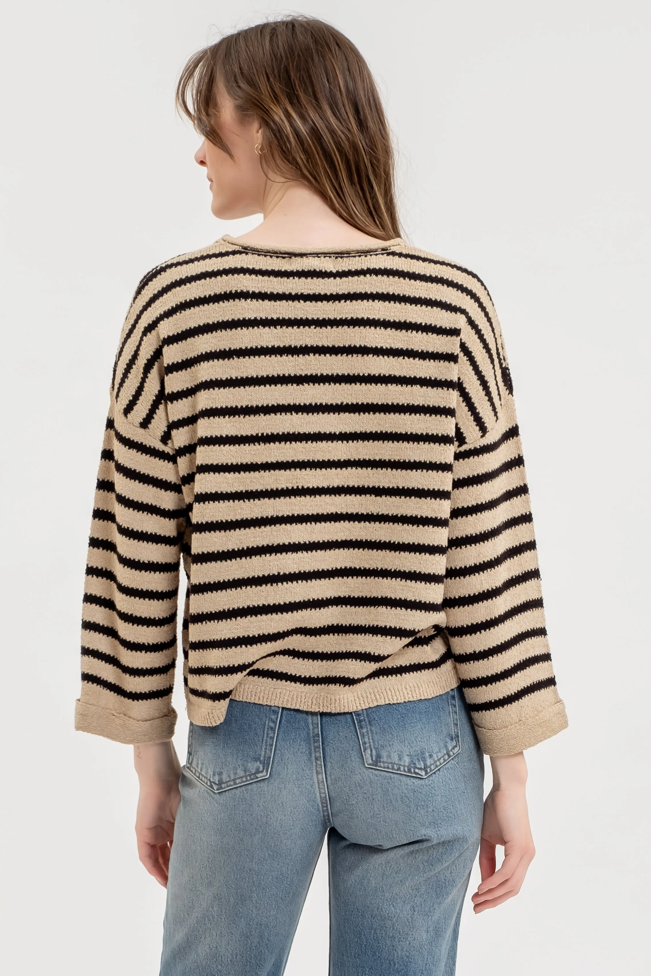 STRIPE SPLIT NECK LONG SLEEVE KNIT SWEATER