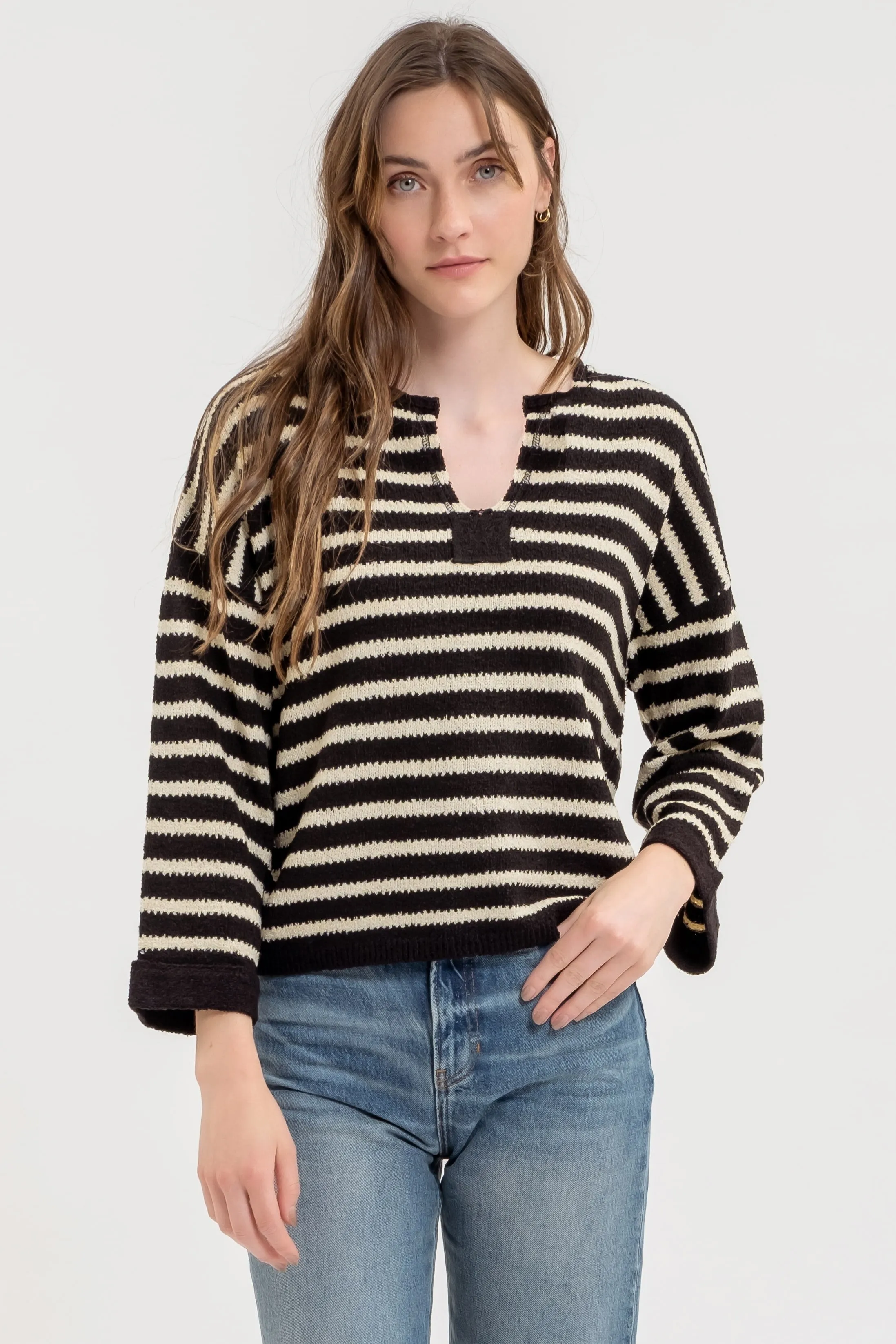 STRIPE SPLIT NECK LONG SLEEVE KNIT SWEATER