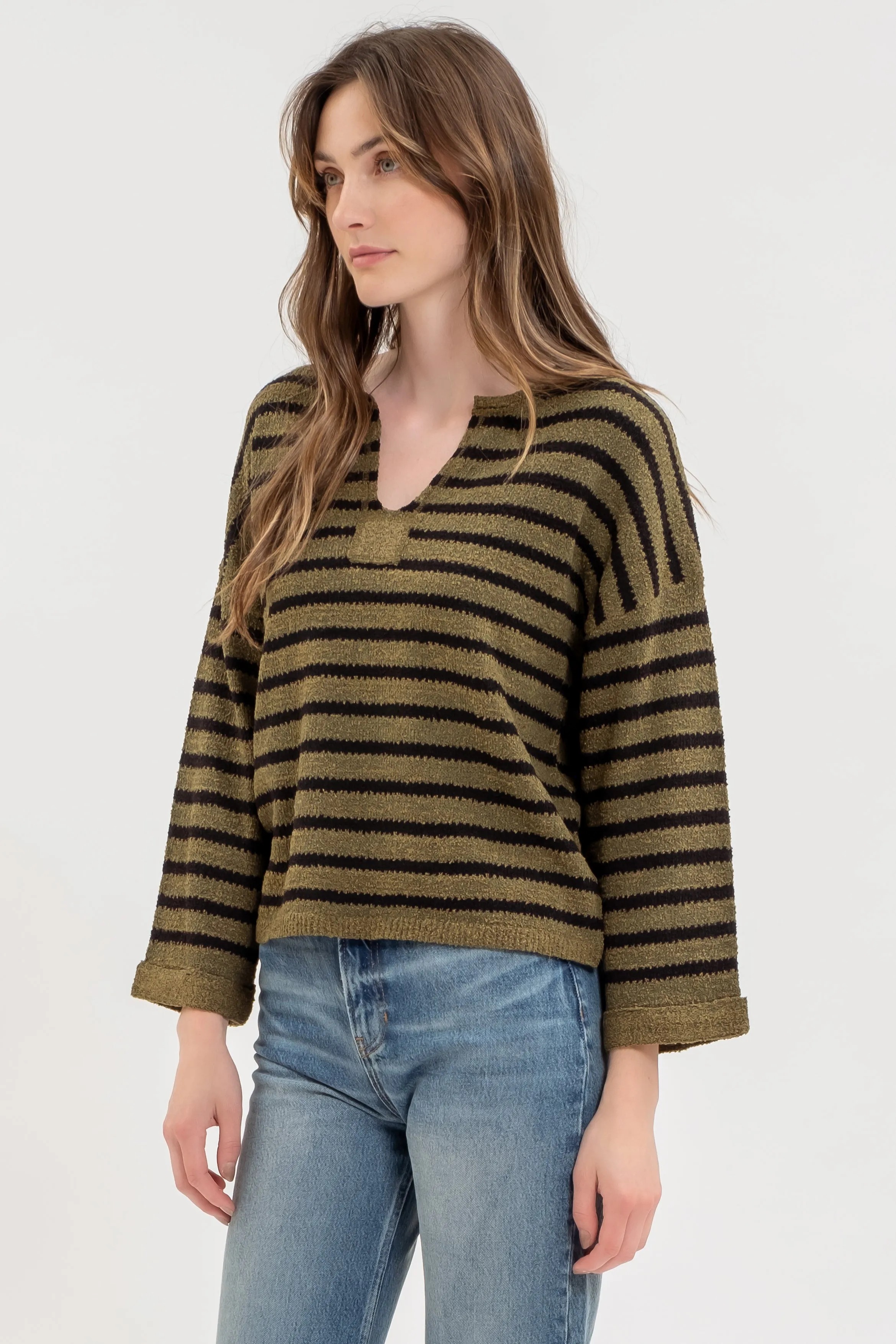 STRIPE SPLIT NECK LONG SLEEVE KNIT SWEATER