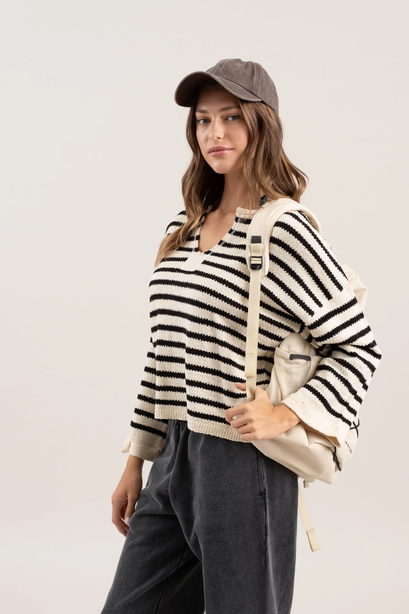 STRIPE SPLIT NECK LONG SLEEVE KNIT SWEATER