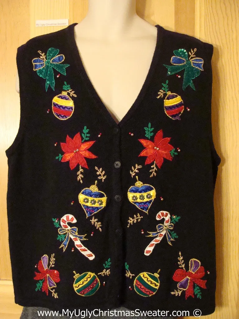 Tacky Christmas Sweater Vest with Poinsettias, Bows, and Candycanes (f1361)