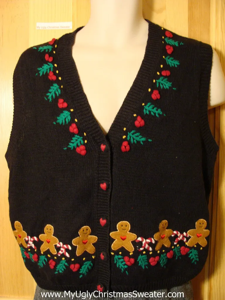 Tacky Heart Themed Cheap Ugly Christmas Sweater Vest with Gingerbread Men (f631)