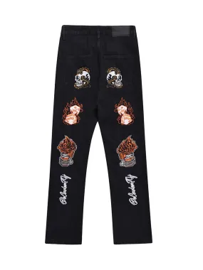 Thesupermade Skull Flame Monogram Embroidered Slim Fit Jeans