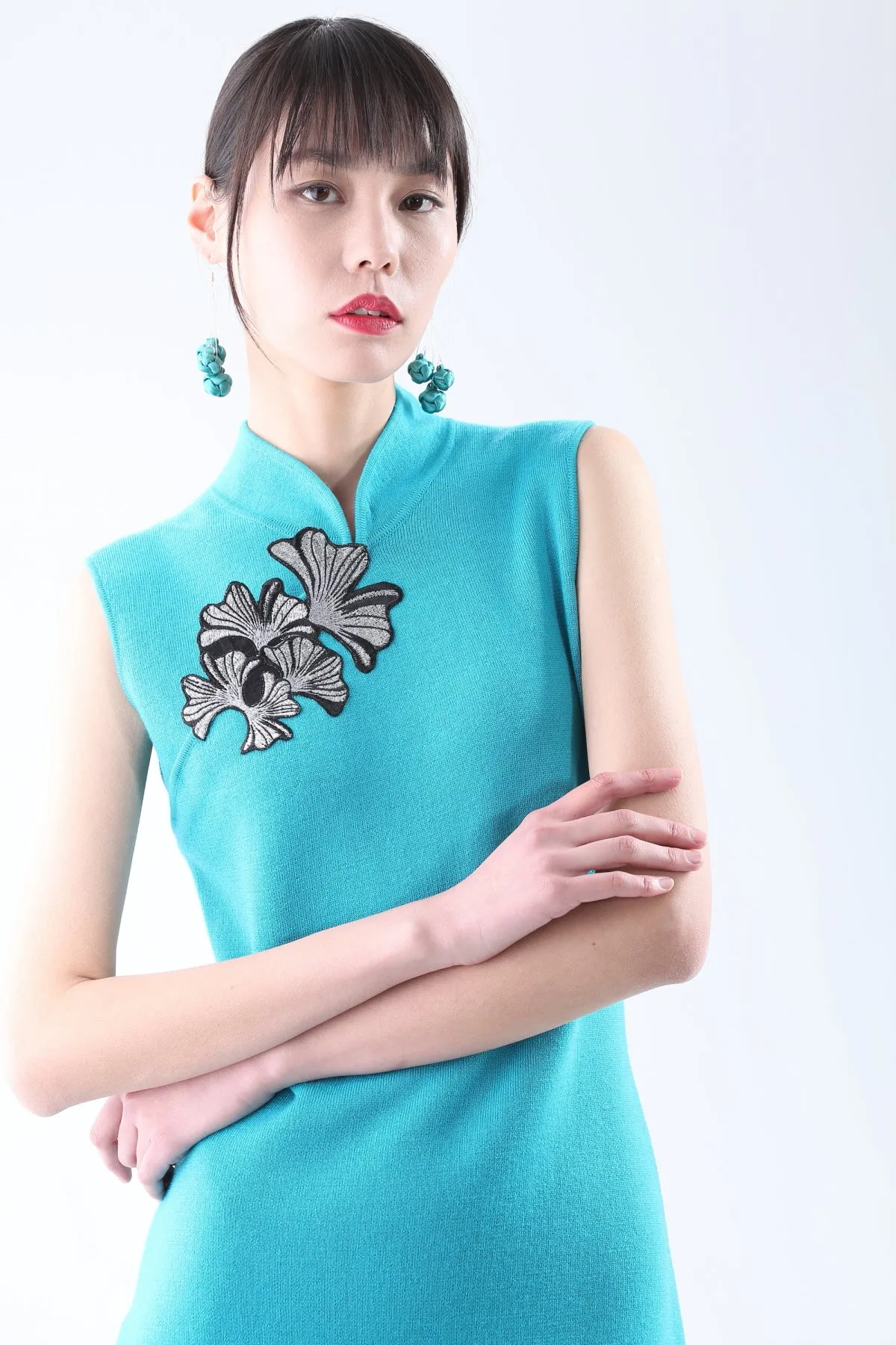 Turqouise Ginkgo Leaf Embroidery Qipao