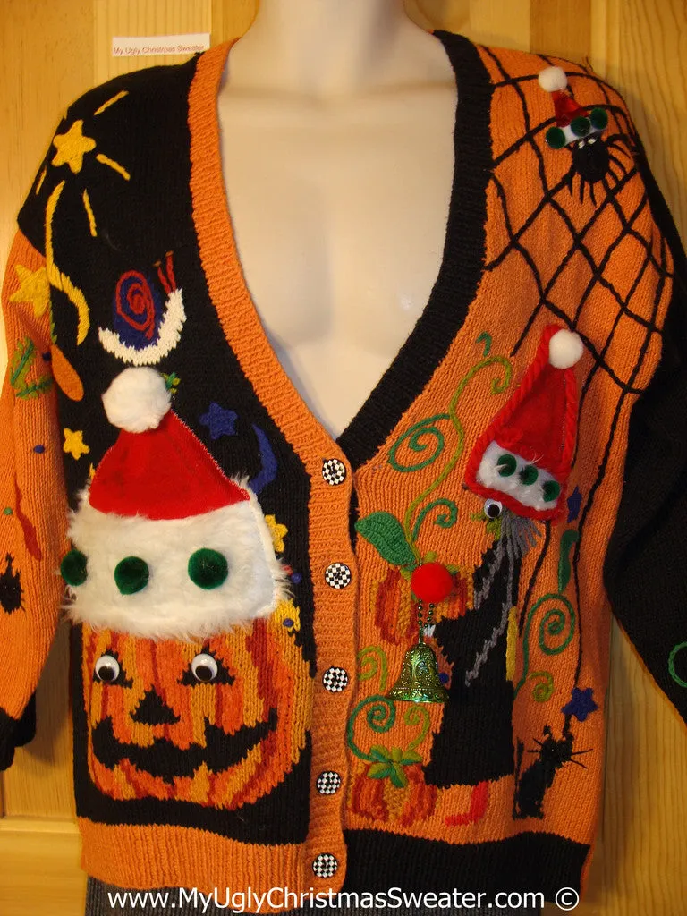 Ugly Christmas Sweater Party Holy Grail of Ugly Sweater Halloween Sweater with Santa Hats on Pumpkin and Wicked Witch (z27)